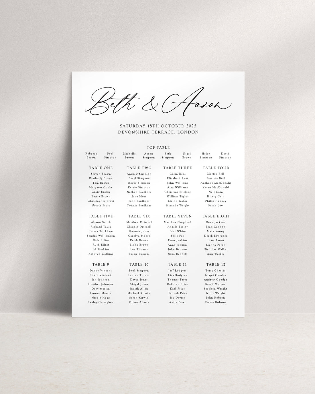 Ariel A1 Wedding Seating Plan