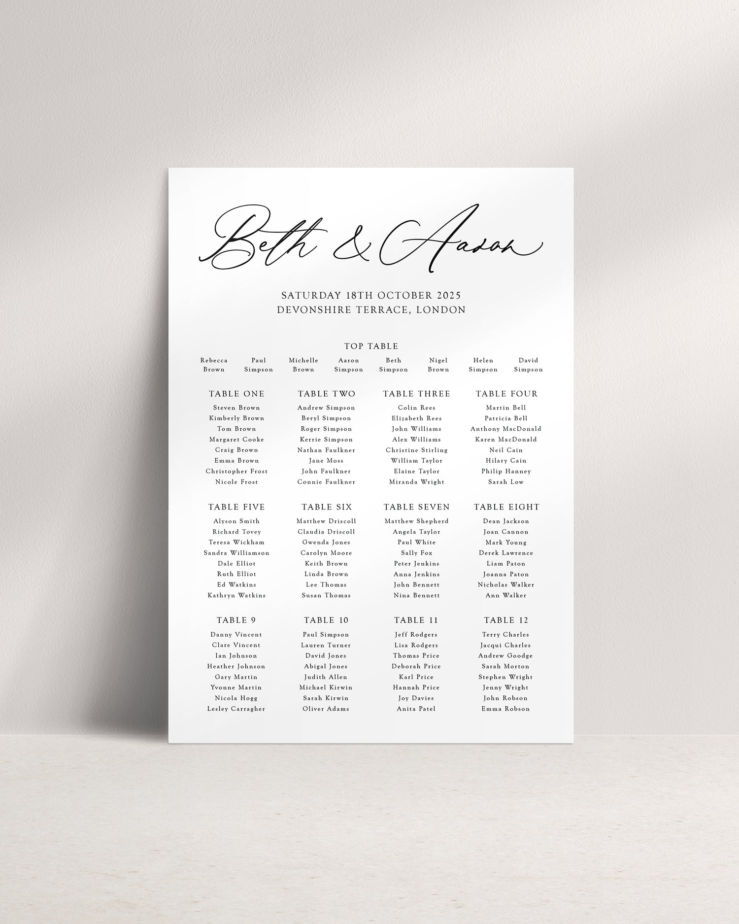 Ariel A1 Wedding Seating Plan