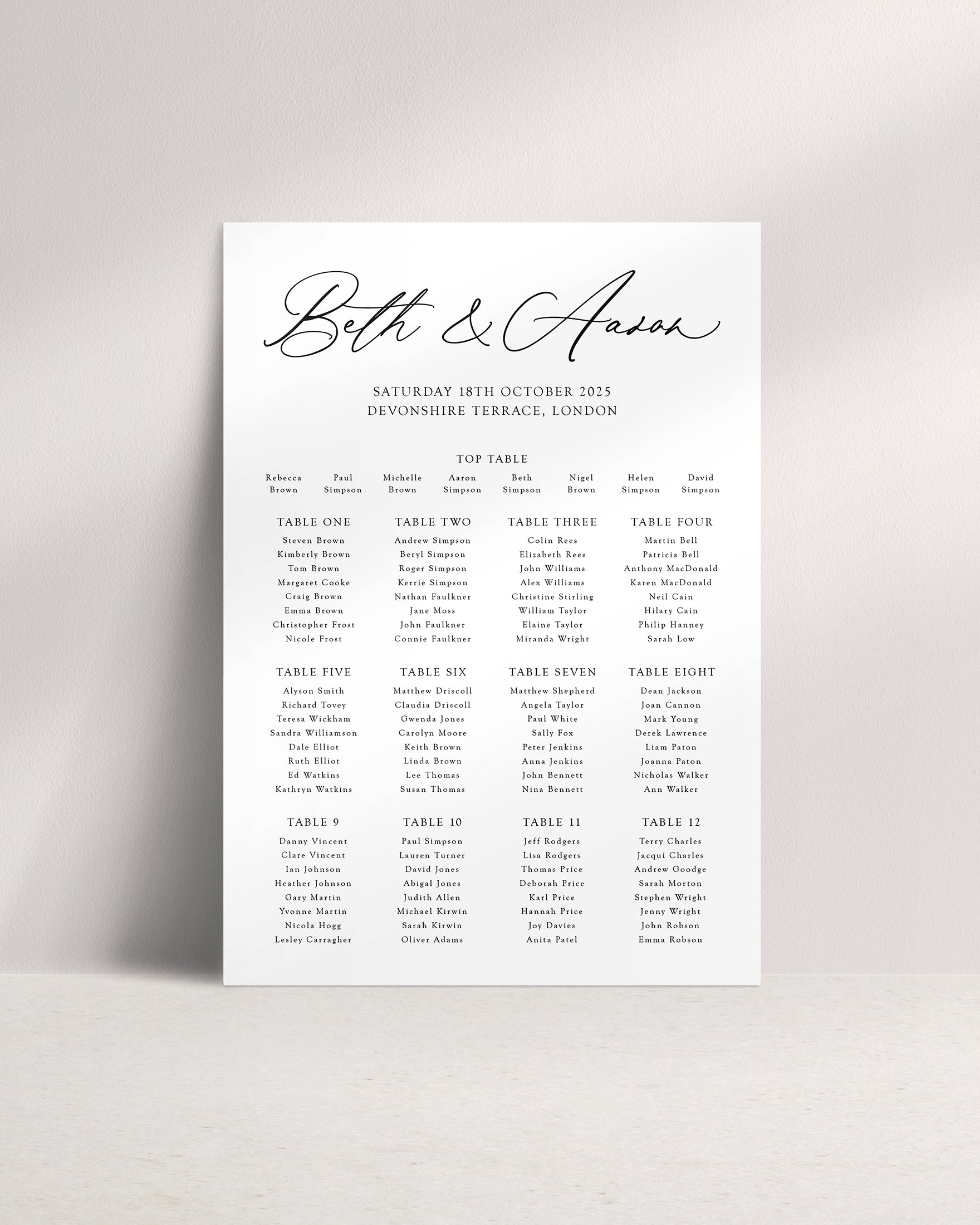 Ariel A1 Wedding Seating Plan