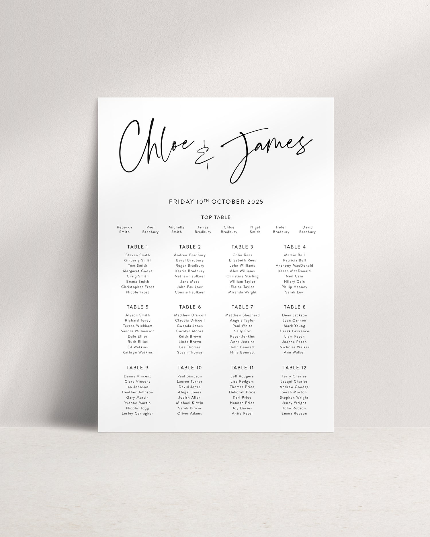 Juliet A1 Wedding Seating Plan